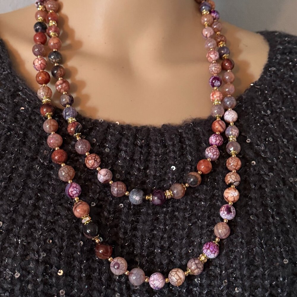 Vein agate purple long beaded gemstone necklace